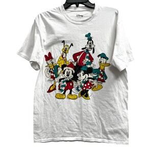 Disney Mickey Minnie Donald Daisy Goofy Pluto Christmas tee seamless sides sz L